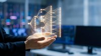 Business professional holding glowing AI neural network hologram above palm in modern office environment showcasing artificial intelligence technology.