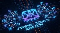 Digital email network with glowing neon envelope and interconnected messaging nodes on dark circuit board background for technology communications.