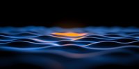 Abstract glowing blue waves with orange light creating dynamic movement against dark background, modern minimalist design for technology presentations.