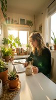 Woman with wavy brown hair, Caucasian ethnicity, working at home office surrounded by potted plants, holding coffee mug near laptop by bright window.