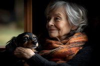 Senior woman with silver hair wearing orange scarf and black sweater embraces small black and brown dog near window, warm natural lighting creates intimate mood.