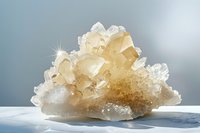Golden citrine crystal cluster with transparent quartz formations on white surface against soft gray background for healing and meditation practices.