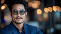 Professional Asian businessman wearing glasses and navy suit smiling confidently with warm bokeh city lights background for corporate marketing materials.