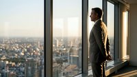 Professional businessman in suit standing by office windows overlooking city skyline at sunset, contemplating future business opportunities and success.