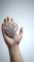 Hand holding ornate spiral metal dial with zodiac symbols and mystical markings against neutral background, suitable for astrology, spirituality, fortune telling, and esoteric concepts.