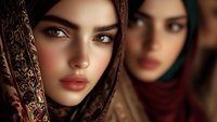 Middle Eastern woman wearing traditional hijab with intricate gold embroidery pattern, dramatic close-up portrait highlighting expressive brown eyes and natural makeup.