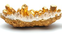 Golden citrine crystal cluster growing from natural white quartz matrix, raw mineral specimen on white background, isolated gemstone formation.