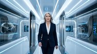 Confident middle-aged Caucasian woman in dark business suit walking through modern futuristic corridor with glowing neon lights, suitable for corporate, technology, and leadership concepts.