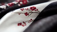 Traditional Japanese fabric with delicate red cherry blossom embroidery on white silk textile, showcasing elegant floral needlework and cultural craftsmanship.