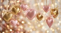 Hanging pink and gold heart ornaments with ribbons against warm bokeh lights background for romantic Valentine's Day celebration and love decor.