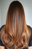 Long straight caramel blonde hair with smooth ombre transition from dark roots to light ends, showing professional hair coloring technique and healthy shine.