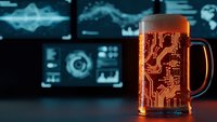Futuristic beer mug with glowing orange circuit board pattern against blurred technology interface background for modern brewing and tech concepts.