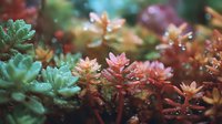 Colorful succulent plants with water droplets, showing green, pink, and orange varieties in a lush garden arrangement.