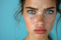 Close-up beauty portrait of young woman with natural freckles and striking blue eyes against turquoise background, perfect for cosmetic advertising and natural beauty concepts.