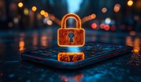 Glowing orange padlock hologram floating above smartphone on wet surface with bokeh lights in dark blue atmosphere, representing digital security and data protection.