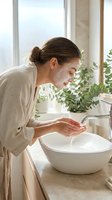 Woman with brown hair in bun, Caucasian ethnicity, wearing beige cardigan, washing face at white ceramic sink in bright bathroom with green plants and natural light.