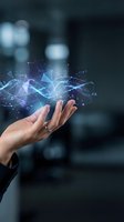 Hand holding futuristic digital network with glowing connections and data visualization elements floating above palm in modern technology concept.