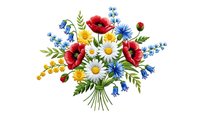 Wildflower bouquet with red poppies, white daisies, blue cornflowers and yellow blooms isolated on white background for greeting cards and floral designs.