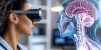 Mixed race female medical professional using virtual reality headset examining detailed holographic projection of human brain and nervous system anatomy.