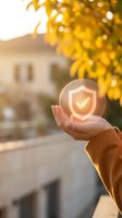 Hand holding glowing shield icon with checkmark over blurred residential background at sunset for home insurance and property protection concepts.