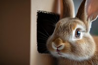 Curious brown rabbit with big blue eyes peeking around corner, close-up portrait showing soft fur and expressive face against blurred background.
