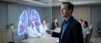 Professional Caucasian male doctor presenting holographic lung anatomy in modern medical conference room with colleagues discussing healthcare technology.