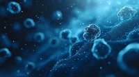 Microscopic view of blue-toned virus cells and molecular structures floating in dark liquid environment with glowing particles.