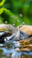 Macro photography of water splash with floating droplets against green natural background, capturing crystalline liquid motion and surface tension dynamics.