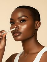 Young African American woman applying nude lip gloss with applicator wand against beige background for beauty and cosmetics advertising campaigns.