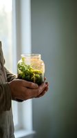 Hands holding glass terrarium jar with green moss and plants in soft natural light by window for home decor and gardening projects.
