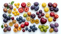 Assorted fresh stone fruits and berries arranged on white background, including plums, apricots, cherries, and nectarines. Isolated produce for culinary, nutritional, and food styling projects.