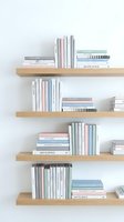 Minimalist wooden floating shelves displaying organized books in pastel colors against clean white wall for modern home library interior design.