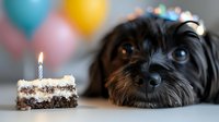 Adorable small black and brown puppy lying next to birthday cake slice with lit candle. Colorful party balloons create festive background for celebration.