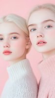 Young Caucasian women with platinum blonde hair and blue eyes wearing soft knit sweaters pose against pink background. Natural makeup with coral lips creates fresh beauty look.