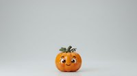 Smiling orange pumpkin with googly eyes and small gray leaves on top, isolated on white background for autumn designs, greeting cards, and seasonal marketing materials.