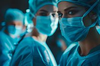 Medical team in surgical masks and caps during operation, dramatic blue lighting creates intense atmosphere in operating room. Professional healthcare setting.