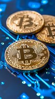 Golden cryptocurrency coins on blue circuit board background with glowing elements, representing digital money and blockchain technology concept.