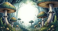 Enchanted forest floor with oversized mushrooms and toadstools in golden and earthy tones, surrounded by lush vegetation and misty woodland atmosphere, suitable for fantasy illustrations and magical storytelling projects.