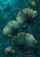 Ginkgo leaves in deep turquoise and gold create an elegant botanical composition against dark emerald background with luxurious metallic veining pattern.