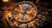 Futuristic magnifying glass reveals glowing circuit board with orange sparks and electronic components in cyberpunk tech environment for digital innovation concepts.