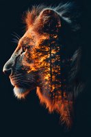 Double exposure profile of lion head merged with burning forest at sunset, dramatic orange and dark blue tones create powerful environmental message.