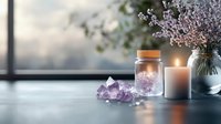 Serene wellness arrangement with amethyst crystal, glass jar, burning candle and lavender bouquet on windowsill creating peaceful atmosphere.