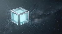 Glowing glass cube with digital light rays on dark background, representing technology, innovation, and data processing concepts.