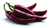 Fresh red chili peppers with water drops on glossy surface against white background, macro food photography showing texture and shine of spicy ingredients.