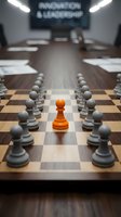Orange pawn stands out among gray pieces on chessboard in modern conference room with leadership signage, symbolizing uniqueness, strategy, and competitive advantage in business.