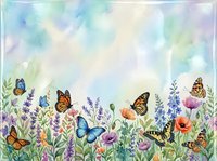 Watercolor spring meadow with colorful butterflies flying over wildflowers including lavender, poppies and delphiniums on soft pastel background.