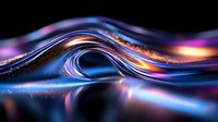 Abstract fluid waves with glowing neon colors, blue and purple swirls mixed with golden particles creating dynamic motion effect on dark background.