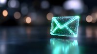 Glowing green envelope icon floating on reflective surface with bokeh lights background creates modern digital communication concept for email marketing.