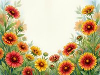 Watercolor floral frame with vibrant red and yellow gaillardia blooms and green leaves, forming an arch with white copy space in center.