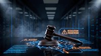 Digital legal technology concept with wooden gavel on futuristic interface displaying regulation framework in modern data center environment.